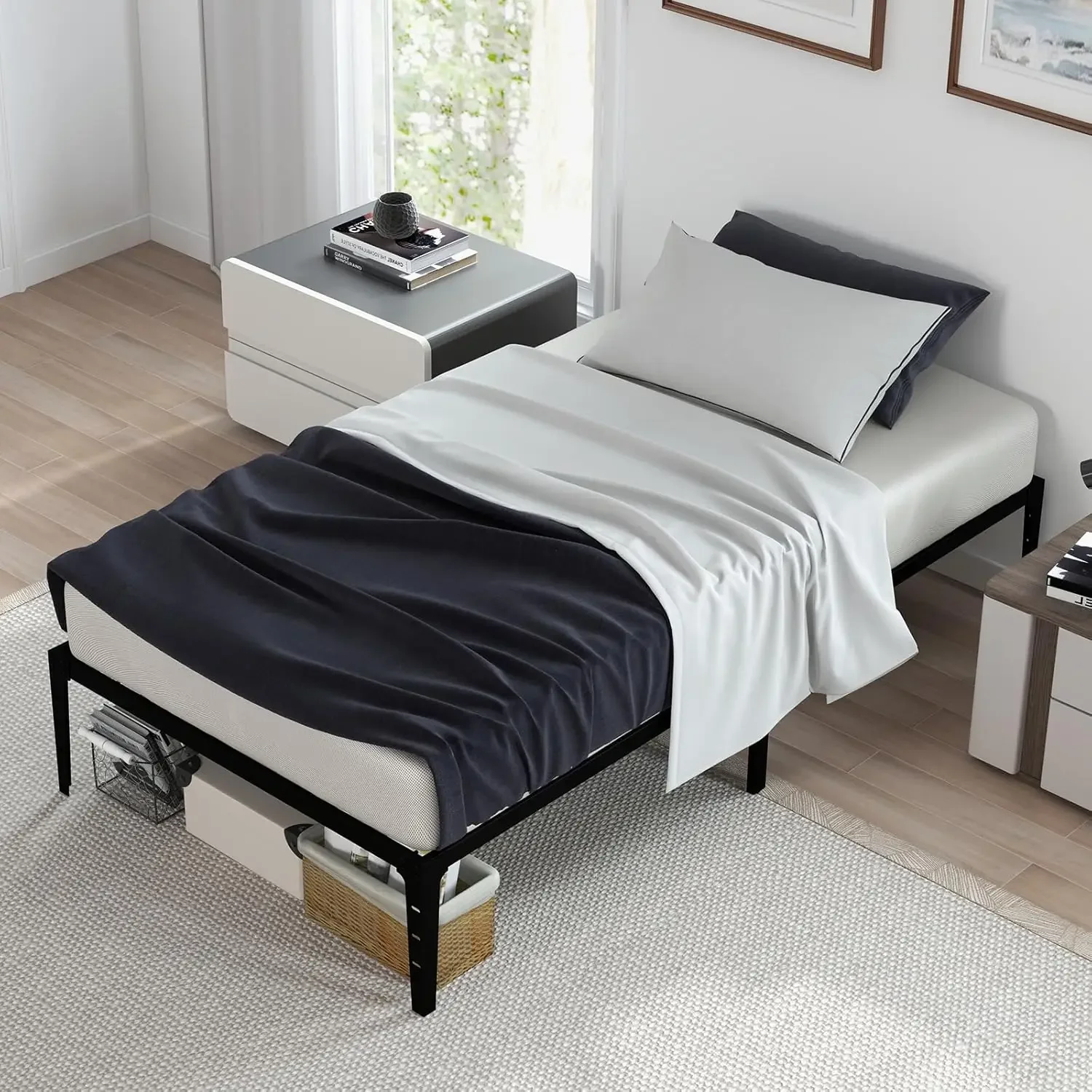 

Twin Metal Bed Frame Matte Black Finish 14-Inch Height No Box Spring Required Sleek Design Underbed Storage Easy Assembly