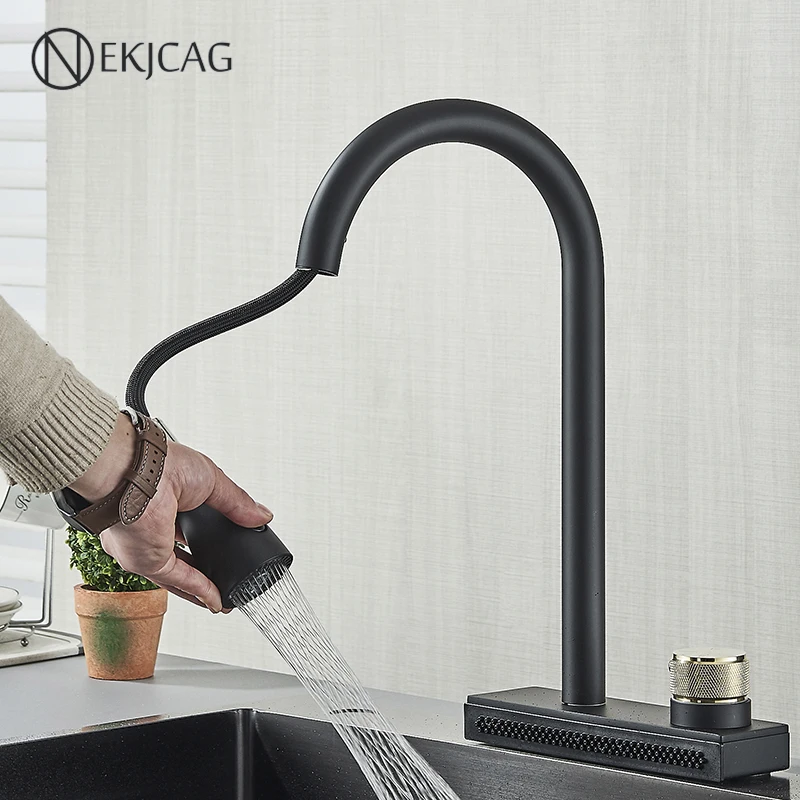 Gourmet Kitchen Faucet Flexible Pull Out 3 Nozzle outlet Black Rotatable Rain Waterfall Sink Mixer Tap Cold and Hot Mixing Crane