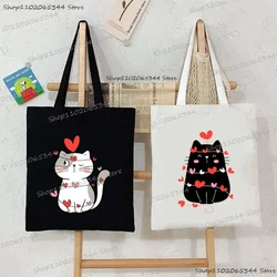 Cute Cat Graphic Women Canvas Tote Bag Valentine Gifts Shopping Bag Cartoon Aomic Kitten Series Fashion Shoulder Funny Handbags