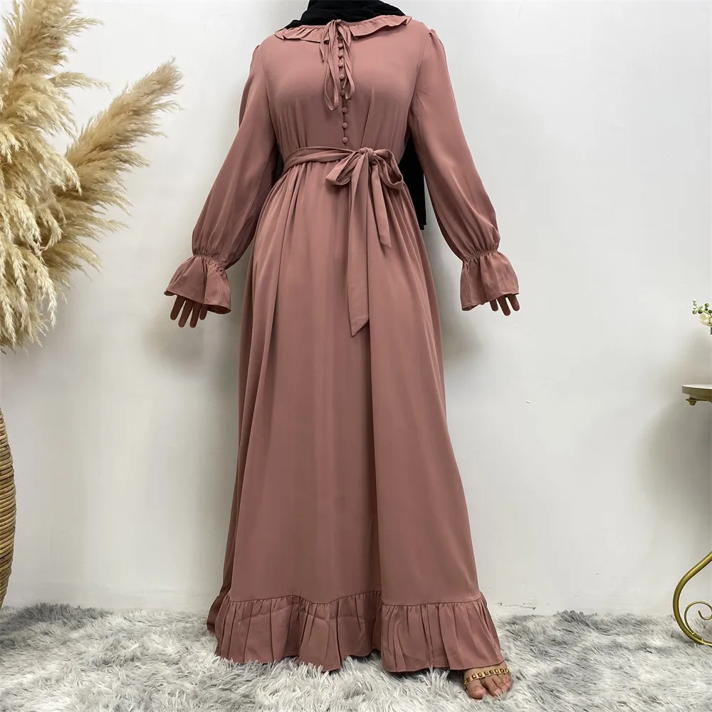 Middle East fashion Muslim women\'s new loose dress Arab Dubai Turkey solid color patchwork pleated robe dress