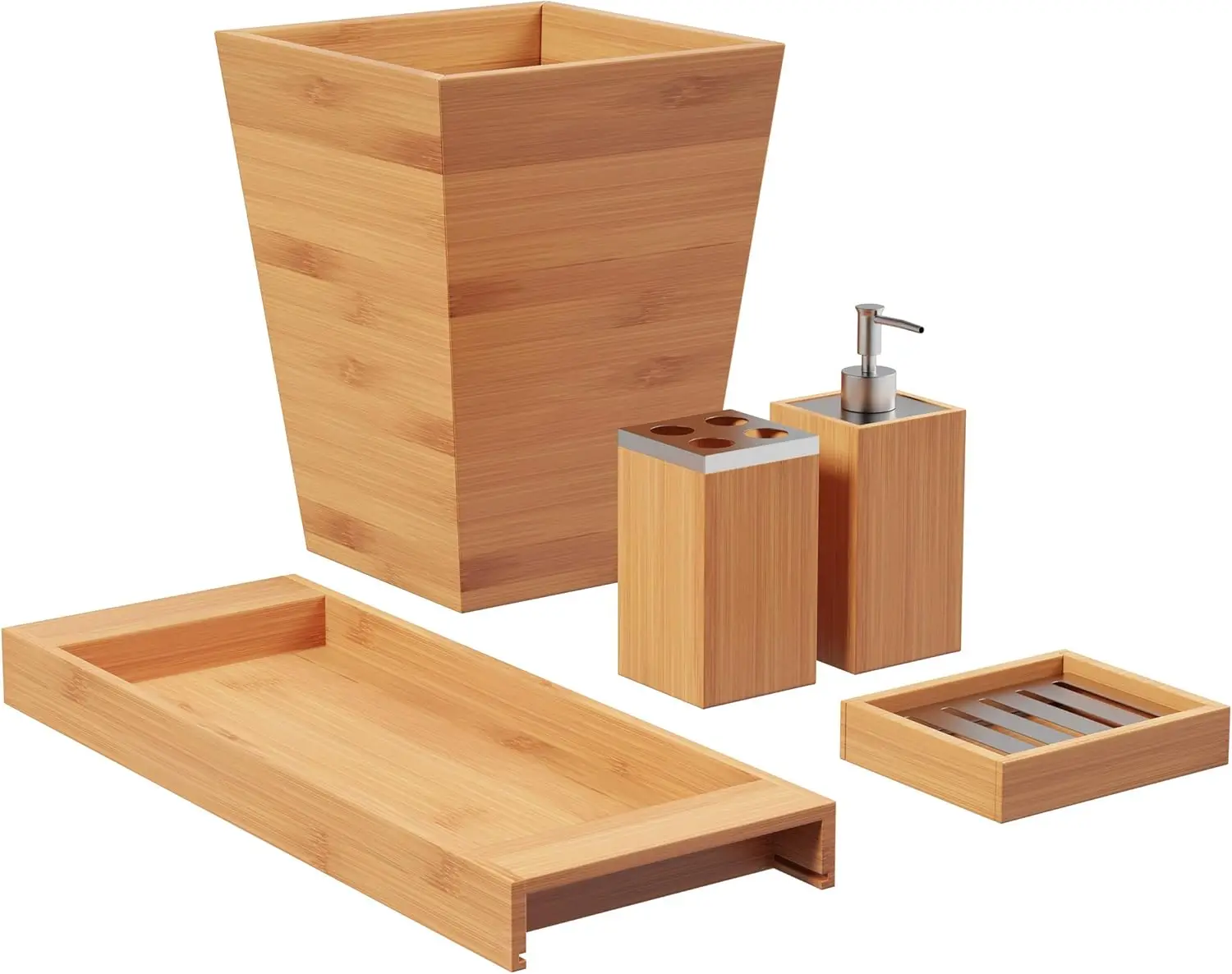 

5-Piece Bamboo Bathroom Set with Trash Bin, Soap Dish, Dispenser, Toothbrush Holder & Tray
