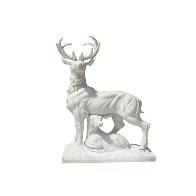 White marble mother-child deer statue hand-carved outdoor garden decoration