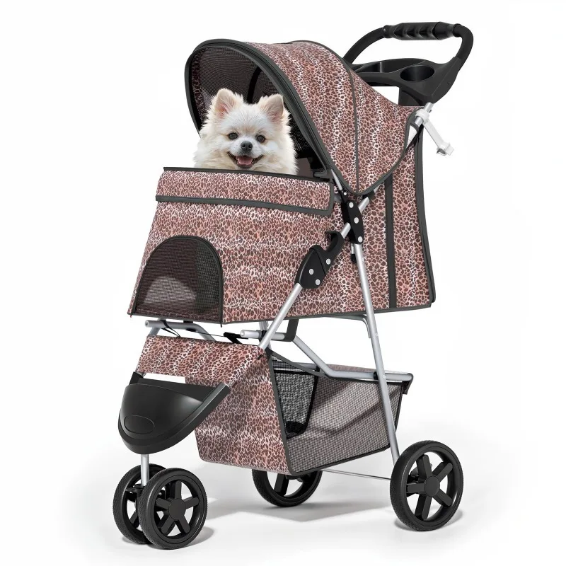 

3 Wheels Pet Dog Cat Stroller for Small Medium Dogs Cats, Foldable Jogger Stroller w/Storage Basket and Cup Holder, Leopard Prin