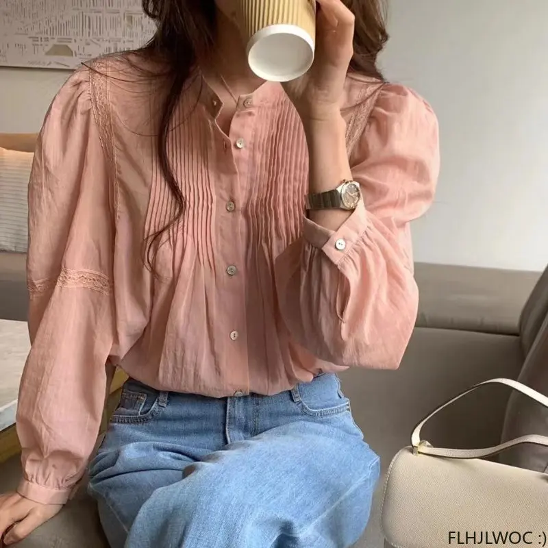 Hot Sales Lace Ruffles Tops Blusas 2023 Cute Sweet Girls Chic Korea Japan Retro Clothes Button Solid Pink Women Shirts Blouses