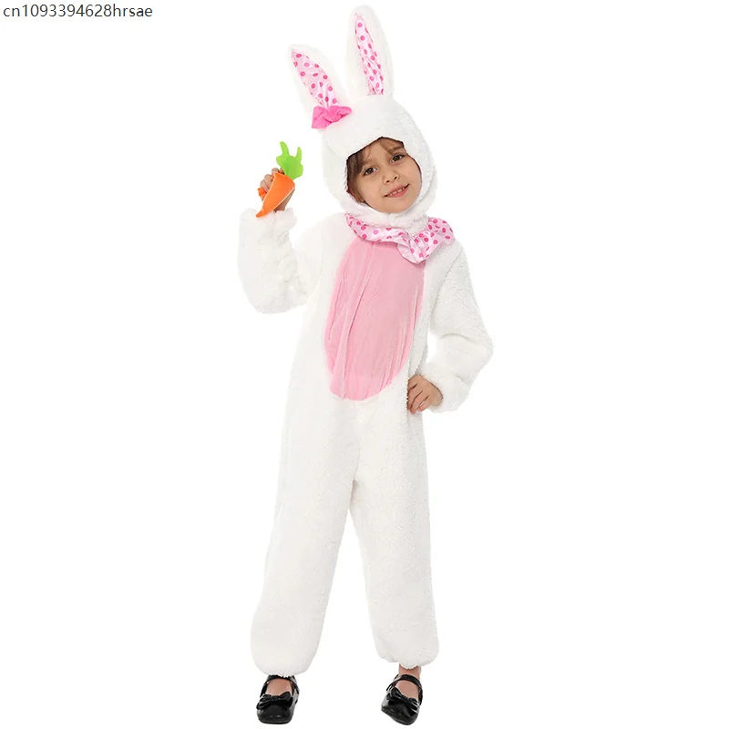 

2025 New Arrival Cute Bunny Child Book Week Halloween Dress Up Jumpsuit With Hood Suit Fuzzy White Rabbit Costume For Girls