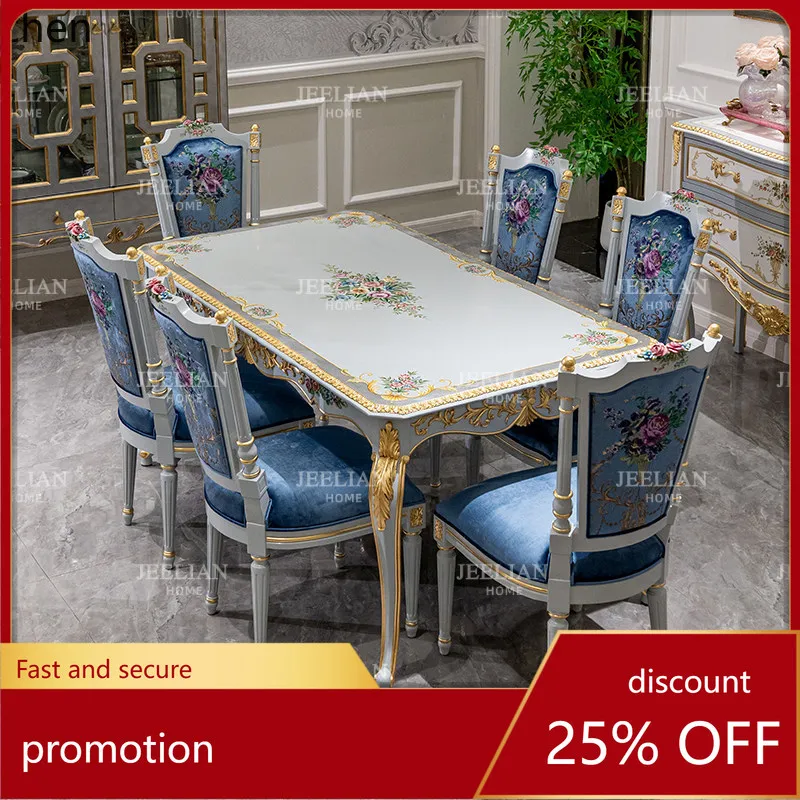 

Hxl living room solid wood carved dining table and chair set - hand-painted floral long dining table