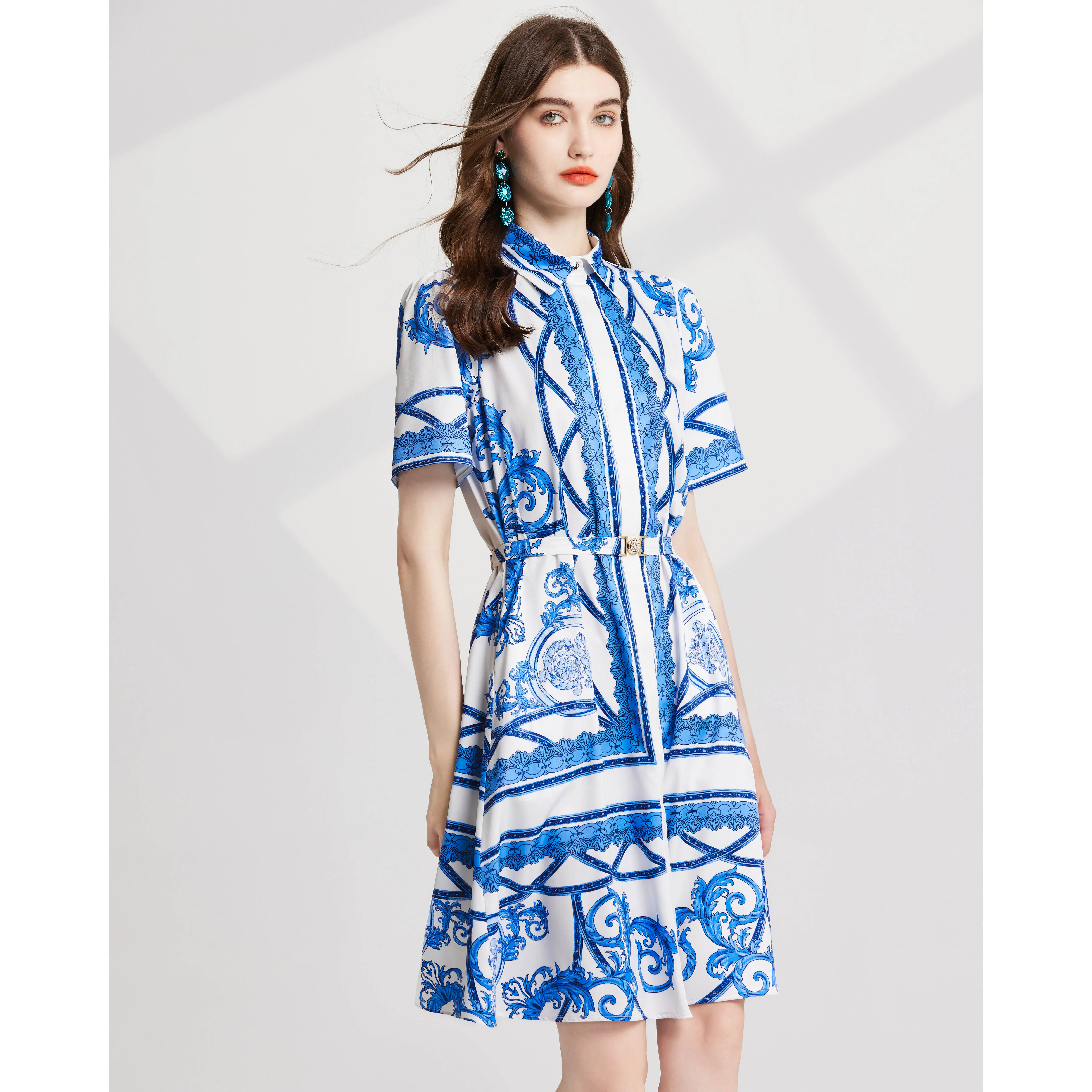 Vestido com estampa de passarela feminino, manga curta, peito único, cinto com renda, vintage, casual, feriado, moda verão