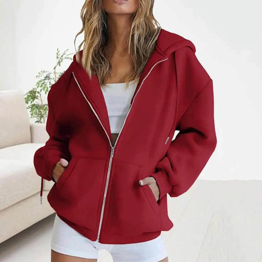 Trendy Women Autumn Coat Solid Color Warm Sweatshirt Pure Color Women Hoodie Coat