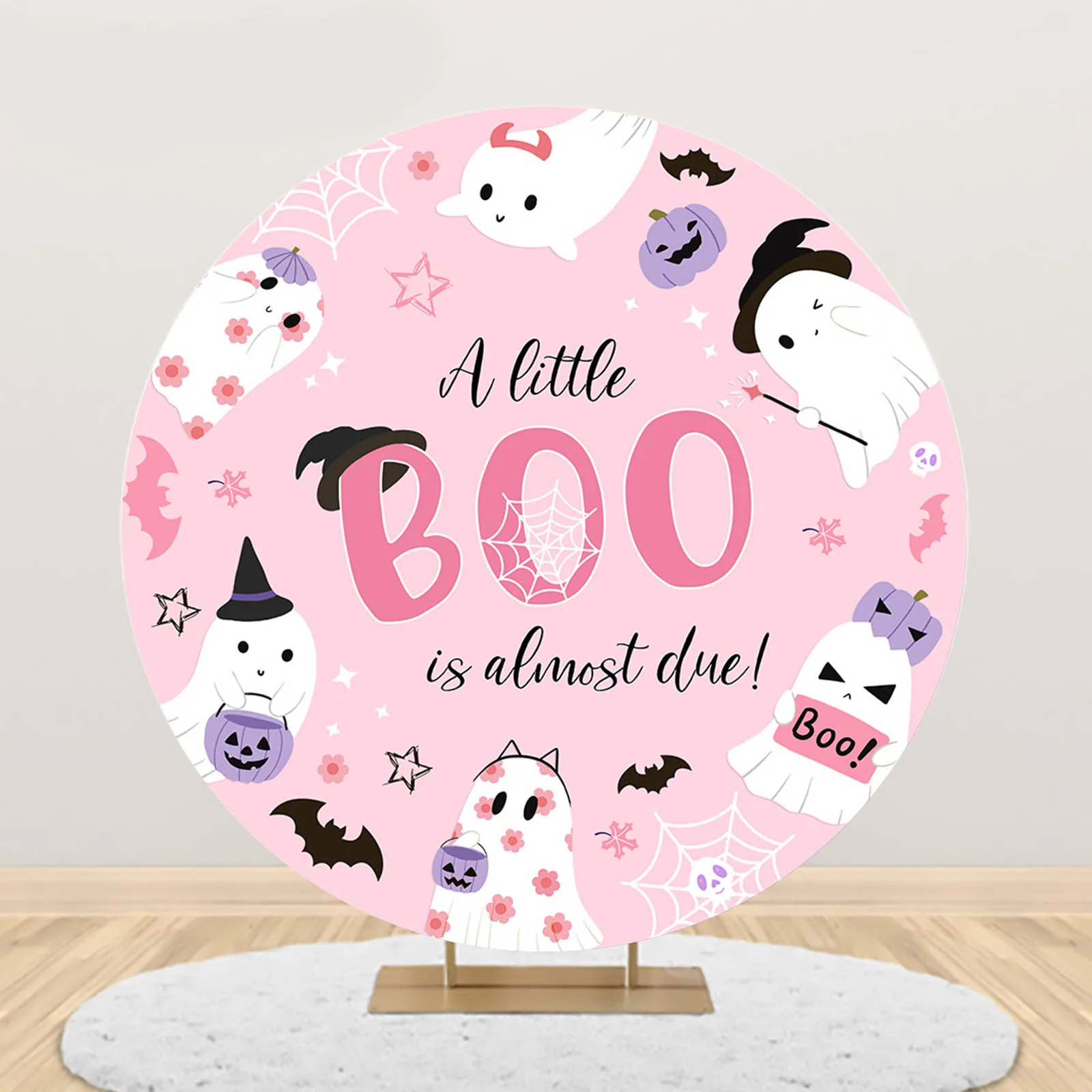 Halloween Baby Shower Round Arch Backdrop Cover Pink Girl Cute Spooky Boo Spider Web Party Decor Cake Photography Background