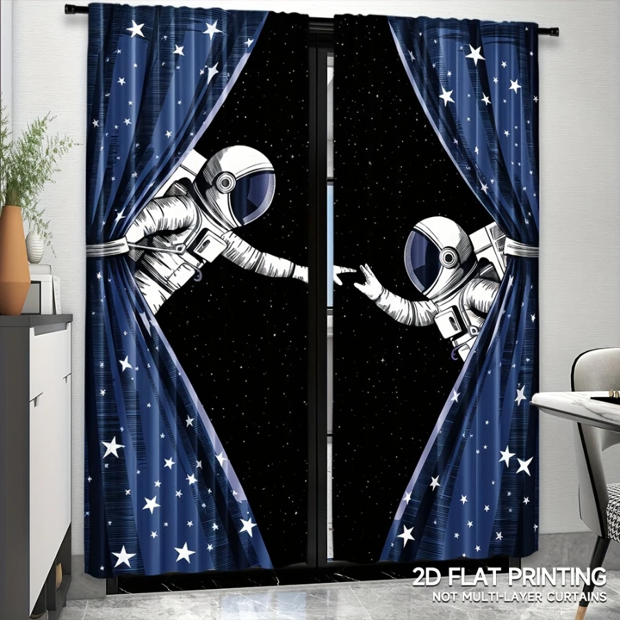 2PCS Digital Printed Curtains, Space Adventure Astronaut, Modern Polyester with Rod Pocket for Bedroom Living Room Home Decor