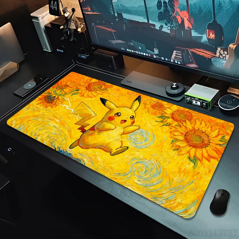 Große Gummi-Mausunterlage mit Kanten, Gaming-Zubehör, weiße Pokemon Pikachu Anime-Schreibtischunterlage für Computer-Tastatur, Gamer