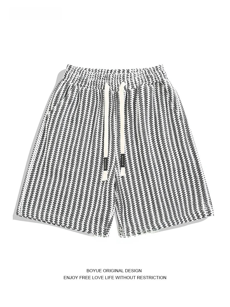 

Boyue Woven Thi Stripe orts Men's Casual Beachwear Five-Quarter Length Spor Retro Sle Youthful Energy Bla ey White