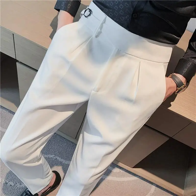 

British Style 2023 New High Waist Casual Pant Men Belt Design Slim Fit Suit Pants Office Social Wedding Party Formal Pants 29-36