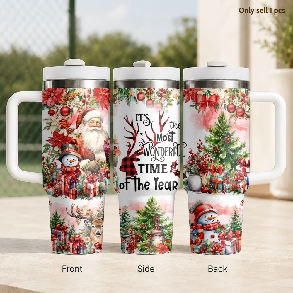 Santa Christmas Gift Vacuum Flasks 40oz Stainless Steel Travel Tumbler with Handle Straw Lid Double Wall Vacuum Insulated