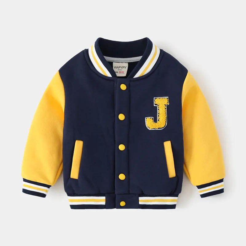 Kids Embroidered Color-Block Long Sleeve Thicken Sweatshirt Autumn Fashion Single-Breasted Baseball Jacket for Boys, 2-7 Years