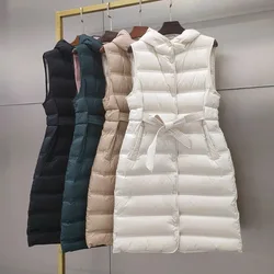 Chaqueta de plumón de pato sin mangas para mujer, abrigo largo con capucha, ajustado, cálido, para oficina, otoño e invierno, 90%