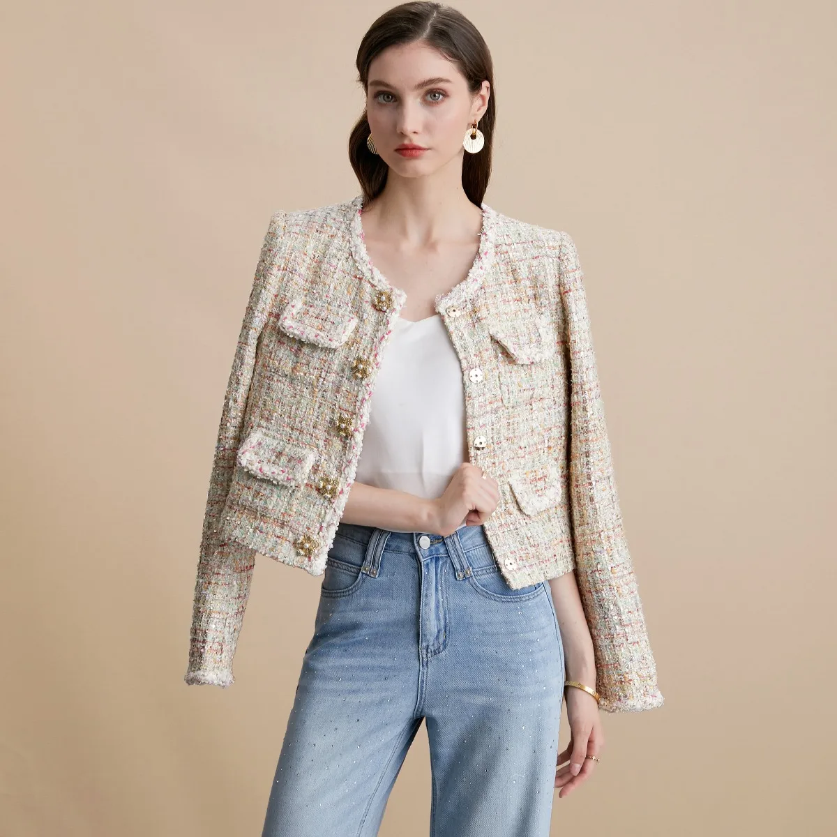 Wiosna Jesień 2025 Nowa Elegancka, Gruba, Haftowana, Diamentowa Tweedowa Odzież Wierzchnia Damska, Elegancki Płaszcz z Poliestru do Pracy