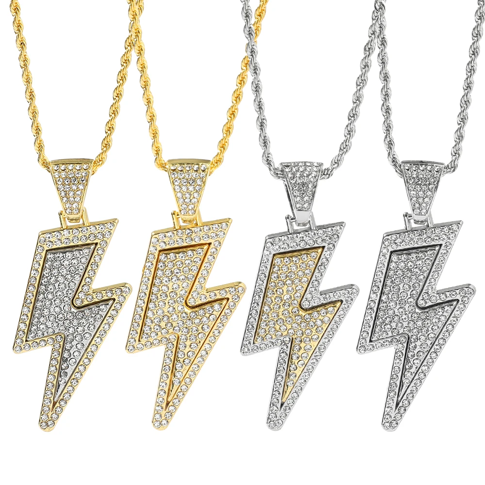 2024 New Hip Hop High-end Shining Lightning Rhinestone Pendant Necklace Women’s Fashion Party Jewelry Gift