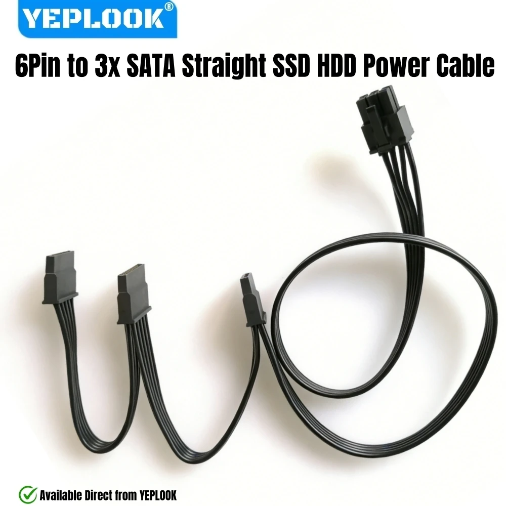 6Pin to 3x SATA Straight, 50+15+15CM 18AWG, SSD HDD Power Cable for Corsair AX1600i, AX1000, AX850 Titanium Type 4 Modular Power