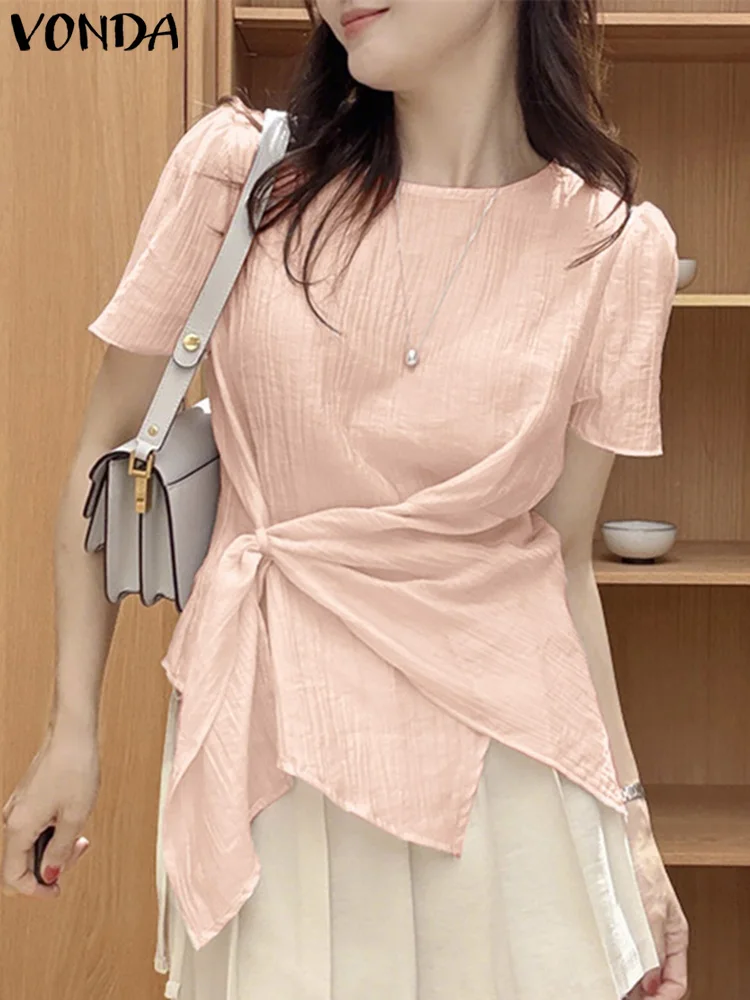 VONDA Women Blouses 2025 Summer Tops Fashion Short Sleeve Solid Pleated Shirts Casual Loose Round Neck Sweet Korean Blusas Femme