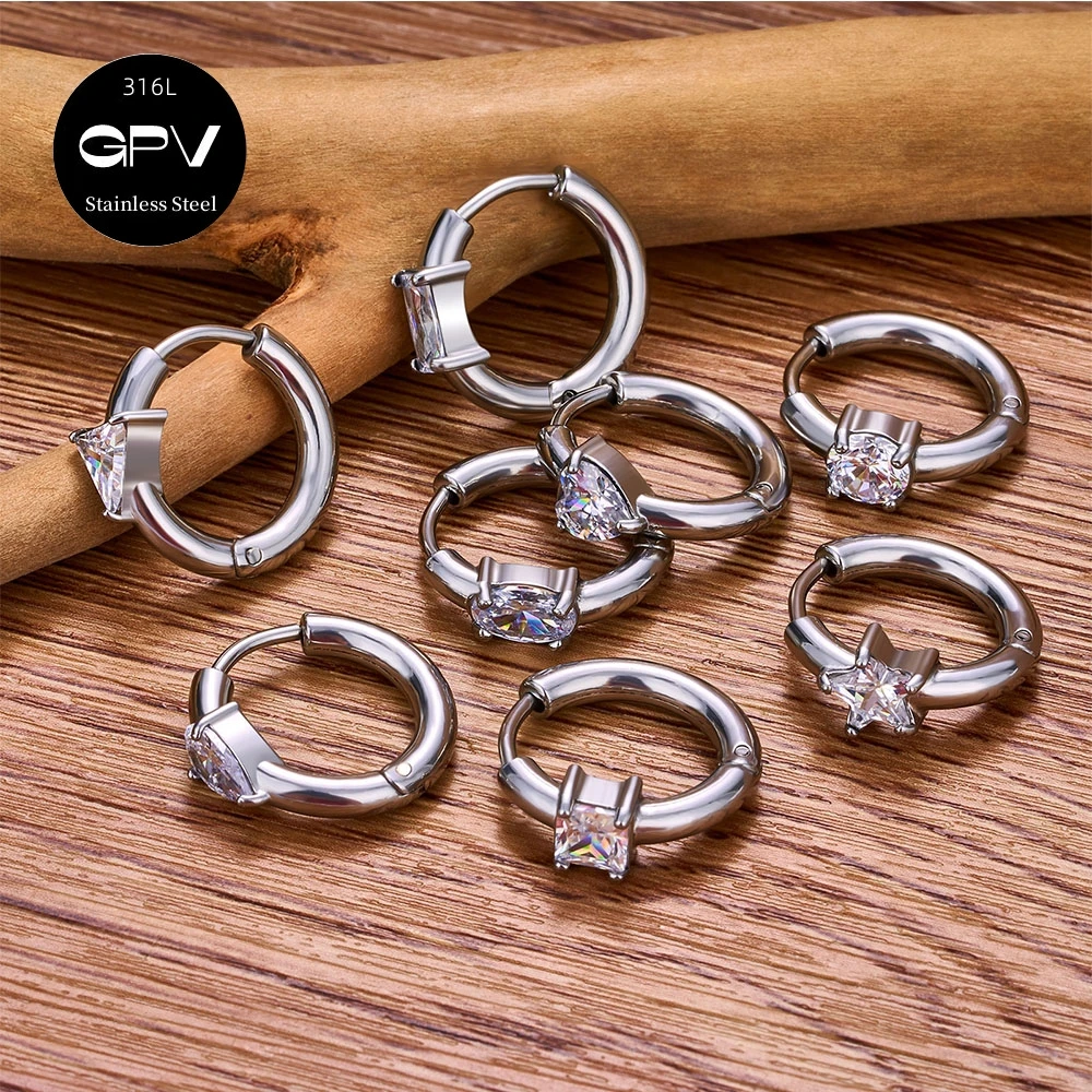 1PCS New 316L Medical Stainless Steel Ring Earrings with Various Shapes of Zircon Double Opening Ring European Classic Jewelry