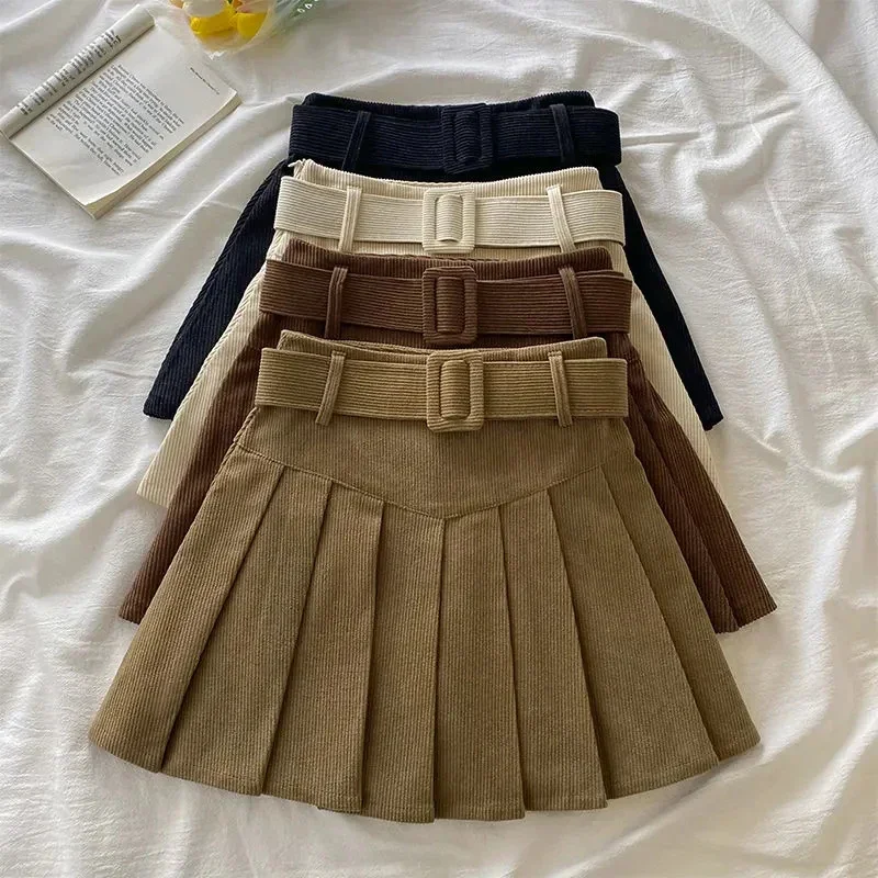 Spring Autumn New Women Cord Belted Pleated Skirt Texture Corduroy Box Pleat Mini Skirt Teen-girl Academy School Skirts