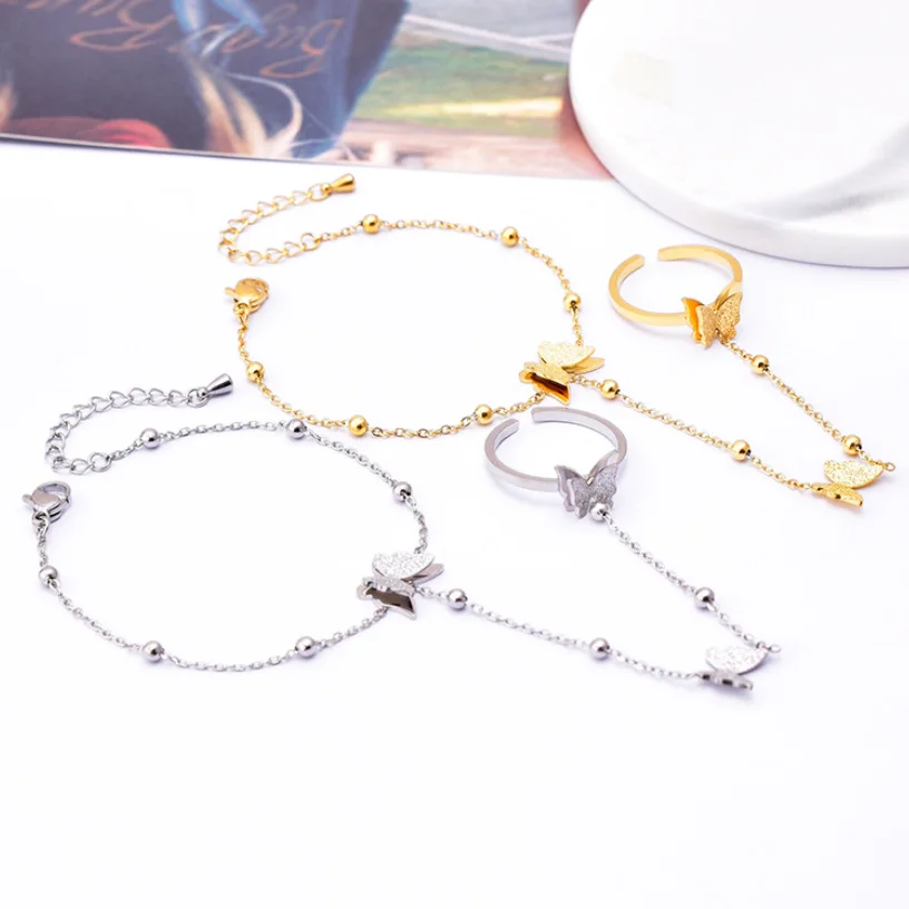 316L Stainless Steel New Fashion Upscale Jewelry Beaded Scrub Butterfly Charm Bracelets Back Chain Ring All In One For Women