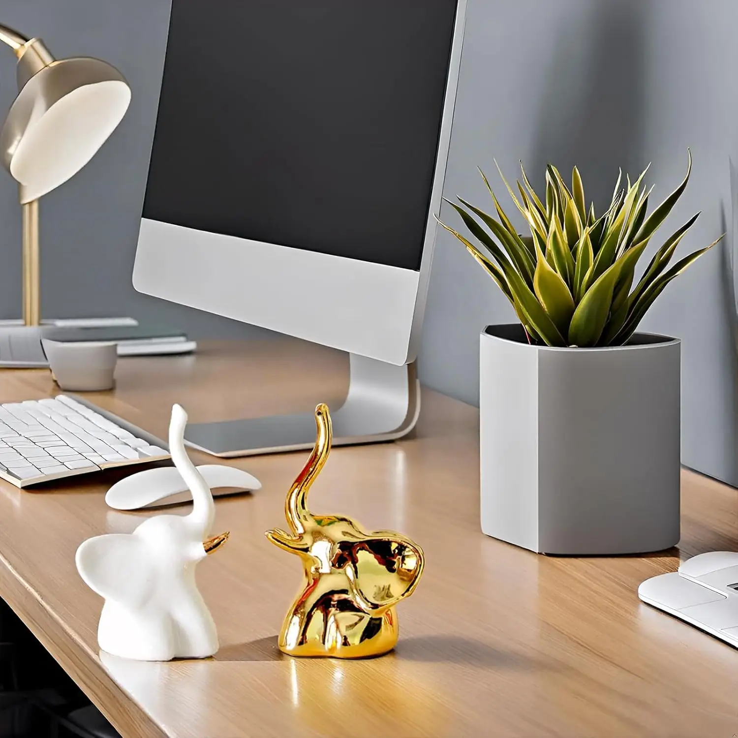 تماثيل فيل لديكور المنزل، زوج واحد، لمسات زخرفية صغيرة للأرفف، غرفة المعيشة وغرفة النوم، ذهبي وأبيض