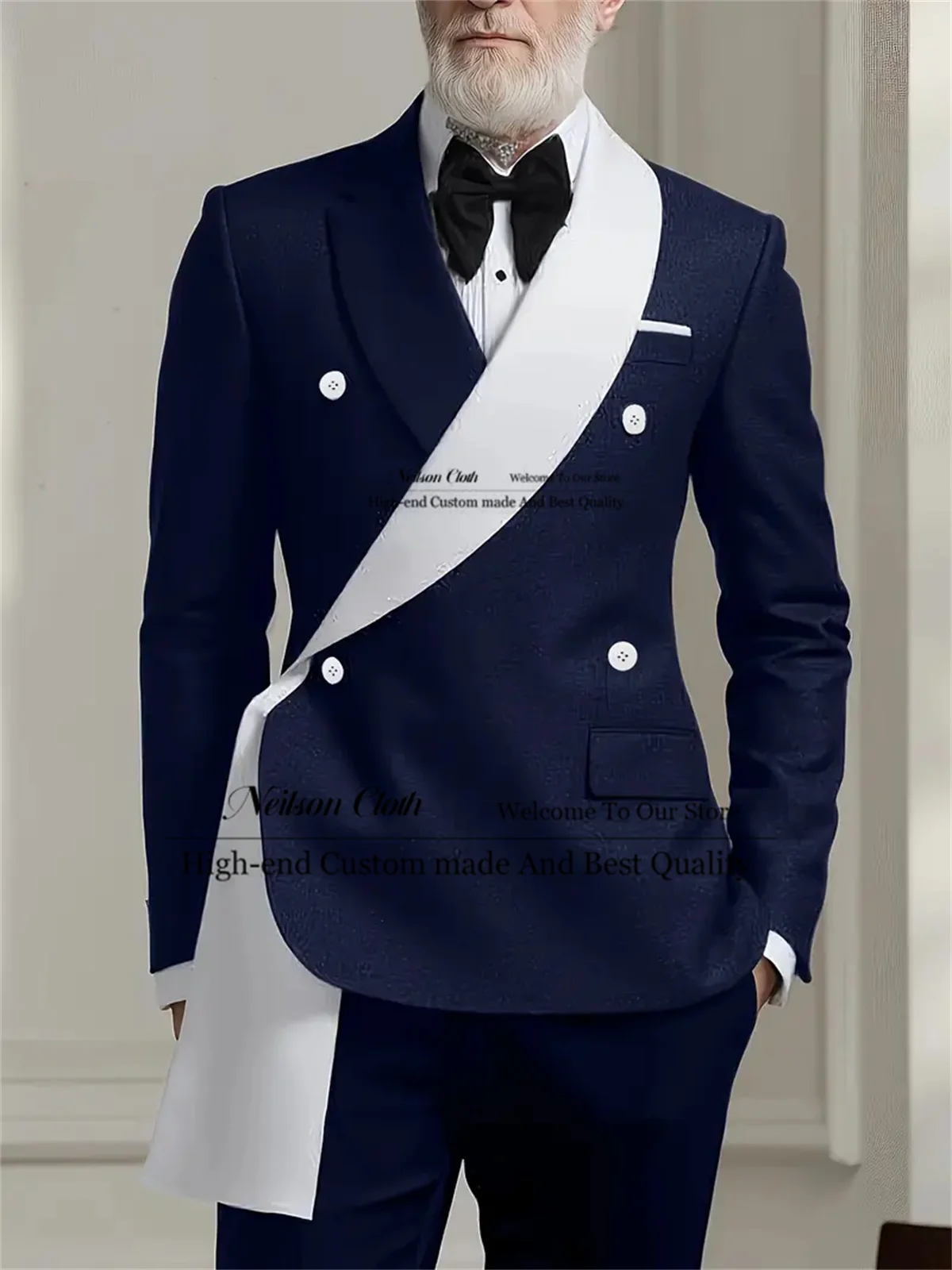 

Navy Blue And White Blocking Male Prom Blazers 2 Pcs Sets Groom Wedding Tuxedos Business Customized Shawl Lapel Costume Homme