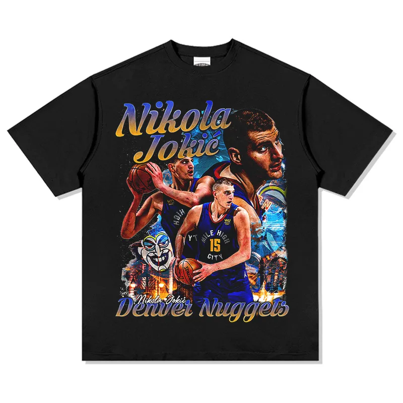 New Nikola Jokic Black / White T-Shirt Crew neck Cotton T-shirt Men and women Basketball fan oversized Short-sleeved top