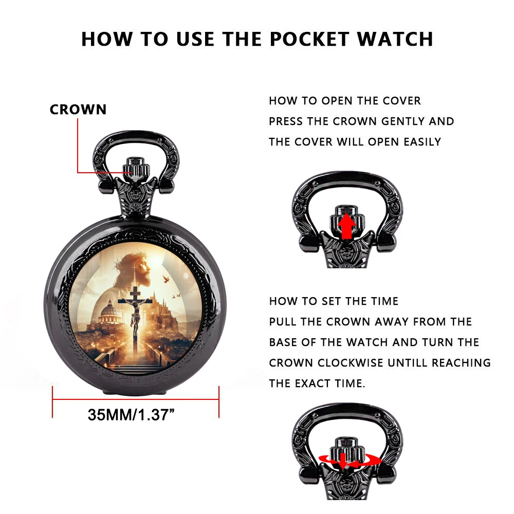 He is risen! Easter Themed Glass Dome Quartz Pocket Watch with Arabic Numerals Dial Durable Chain Perfect For Easter Gifts