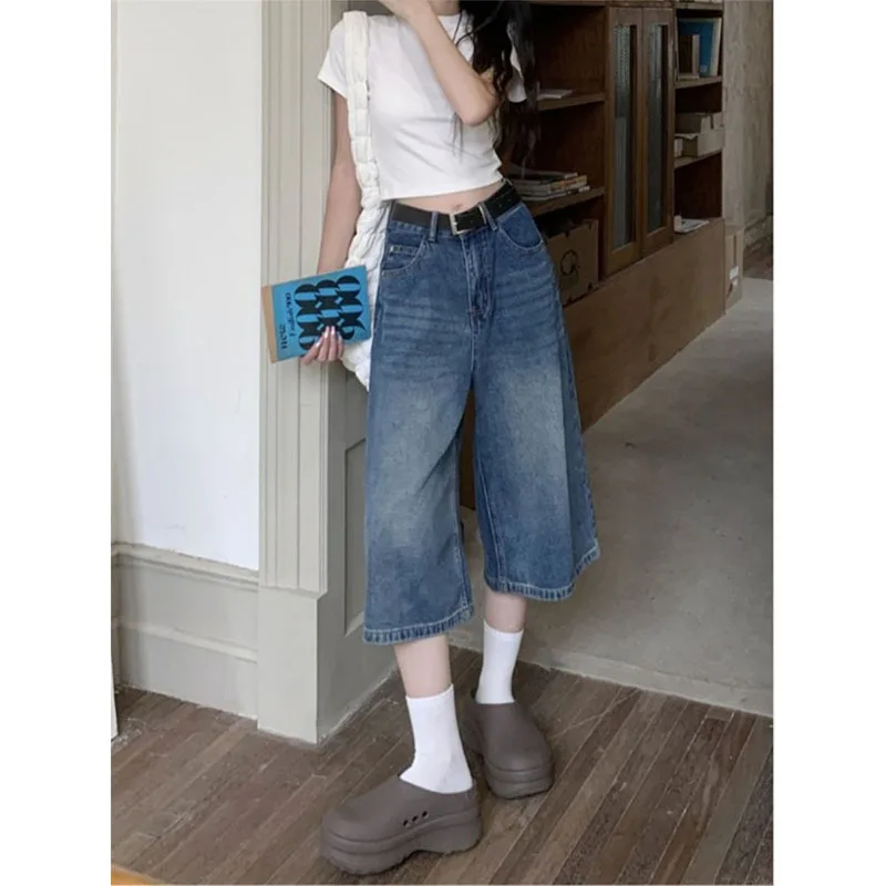 Sommer-Damenhosen: Lockere Übergrößen-Hosen, Gerade Beine, Retro-Weitbein-Jeans, Cropped-Jeans für Mädchen, Neue Birnenfigur-Formende Jeans zur Kaschierung von Körperfett