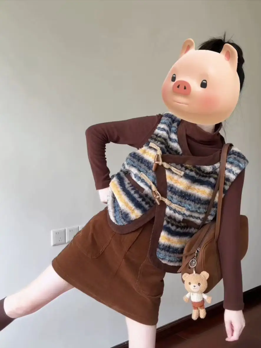 Rétro coréen Sle femmes gilet haut superposition Faion vêtements d'extérieur rayé couleur Blo polyvalent automne hiver petite taille manteau