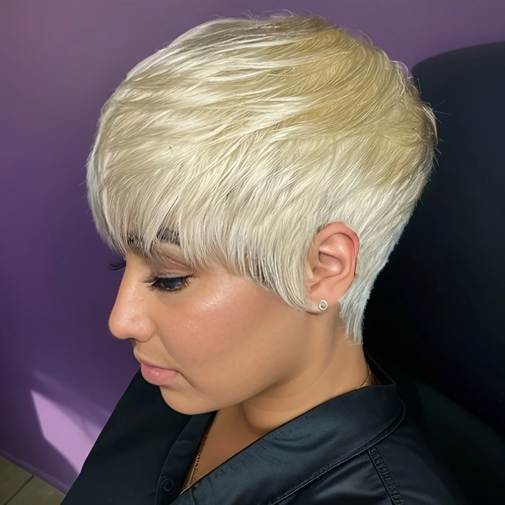 613 Blonde Kleur Rechte Menselijk Haar Pruik voor Vrouwen Pixie Cut Pruik Volledige Machine Gemaakt Pruik 150% Dichtheid 6 Inch