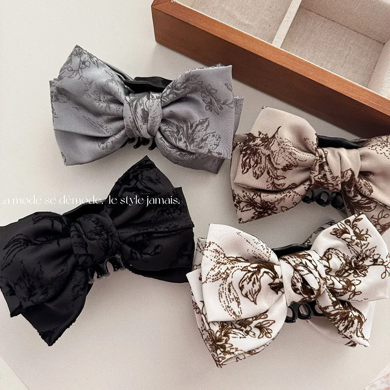 French Retro Fabric Satin Velvet Print Bow Ribbon Ponytail Grip Elegant Hair Clip Hair Accessories New Hair Claws Headwear