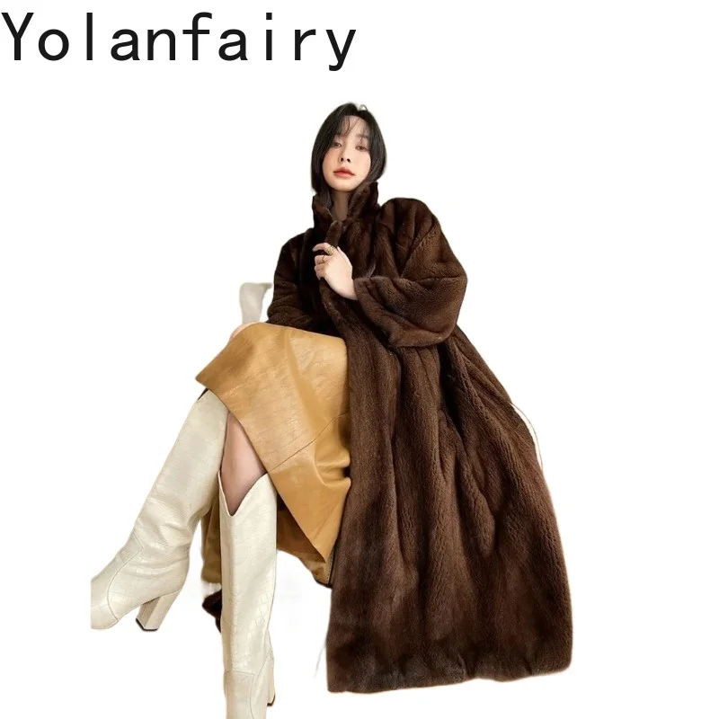 YOLANFAIRY Natural Fur Coat Women 2026 Luxury Long 116cm Real Whole Mink Fur Jacket Winter Velvet Mink Fur Coats Fashion Lace-up