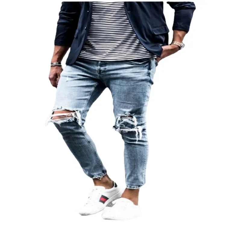 Pantalones vaqueros hasta el tobillo con agujeros para hombre, pantalones pitillo, Vaina de lavado de cintura media, ajustados, con bolsillos para motociclista, cremallera, ropa de calle Punk Y2k