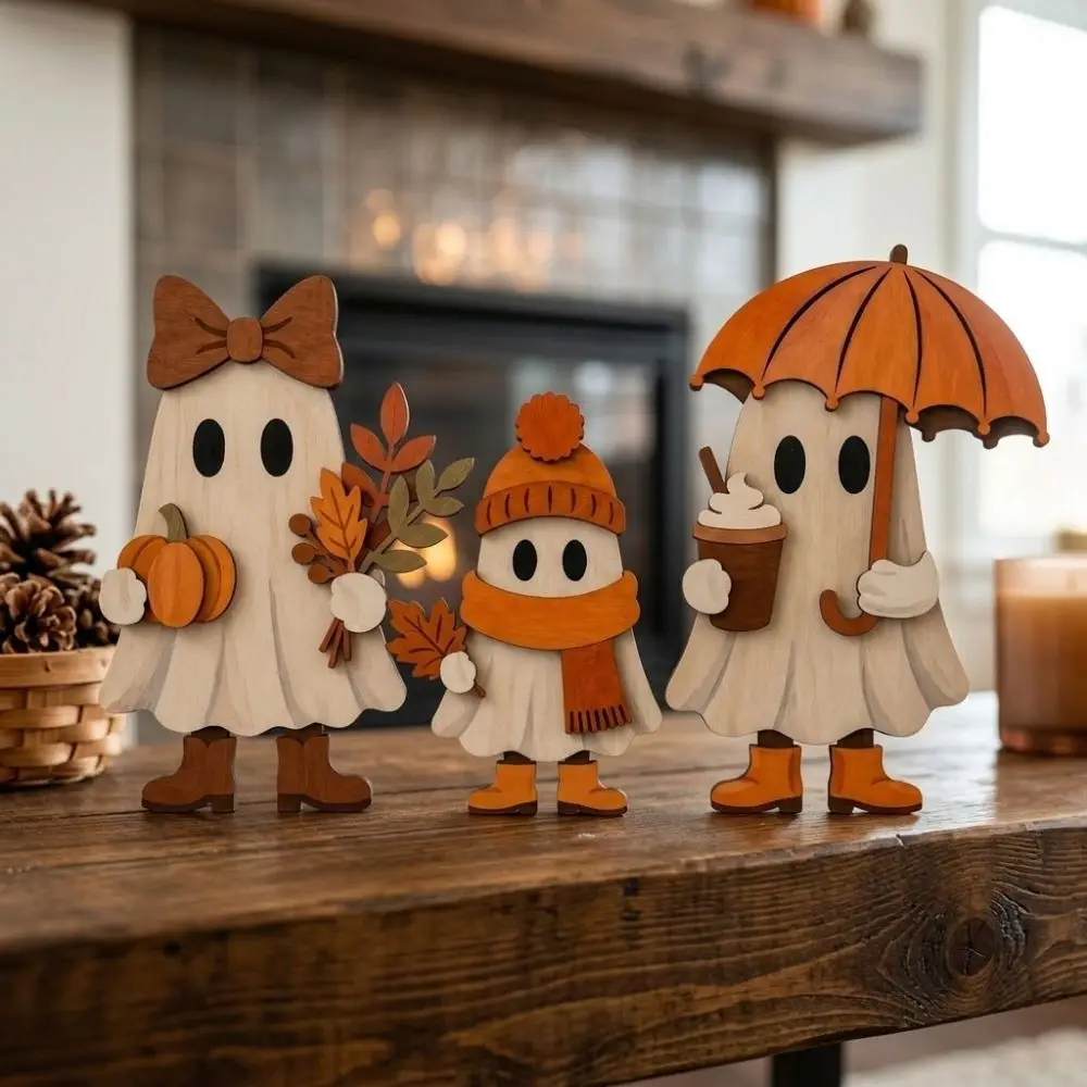 3Pcs 2D Flat Wooden Fall Ghost Signs Maple Leaf Hand-Painted Autumn Ghost Desktop Decor Rustic Pumpkin Cute Ghost Ornament