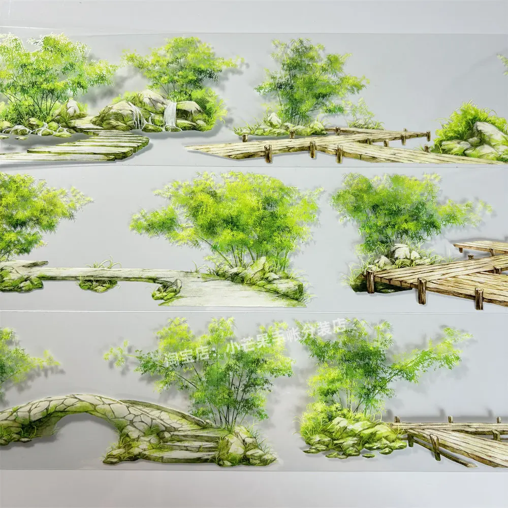 

Tree Stone Small Bridge Pattern Decorative Stickers for Scrapbook Journal Laptop Phone Casewashi pet tape