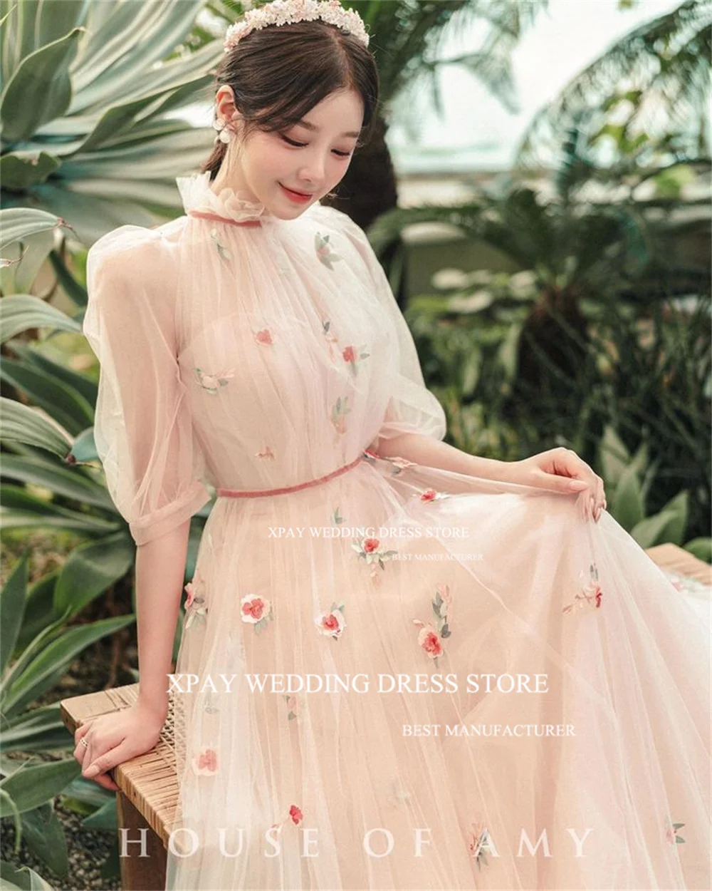 XPAY Halter Neck Korea Evening Dresses Rose Flowers Lace Women Wedding Photo Shoot Prom Gown Pleats Short Sleeves Playing Dress