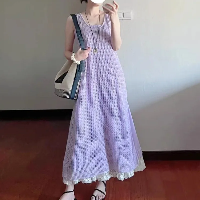 

Women's New Summer Casual Vacation Loose Hollow Out Solid Color Round Collar Sleeveless Loose All-match Knitted Camisole Dresses