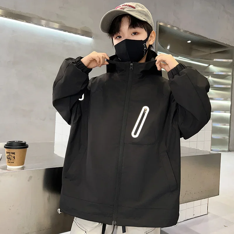 

Casual Boys Jacket Spring and Autumn Hooded Jacket Outdoor Jacket Solid Color Loose Fitting Children's Clothing RM31
