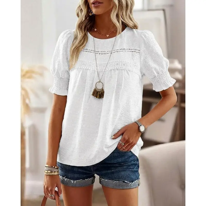 Womens Puff Sleeve Shirt Hollow-Out Spliced 3D Jacquard Shirred Cuffs Loose Fit Casual Everyday Top