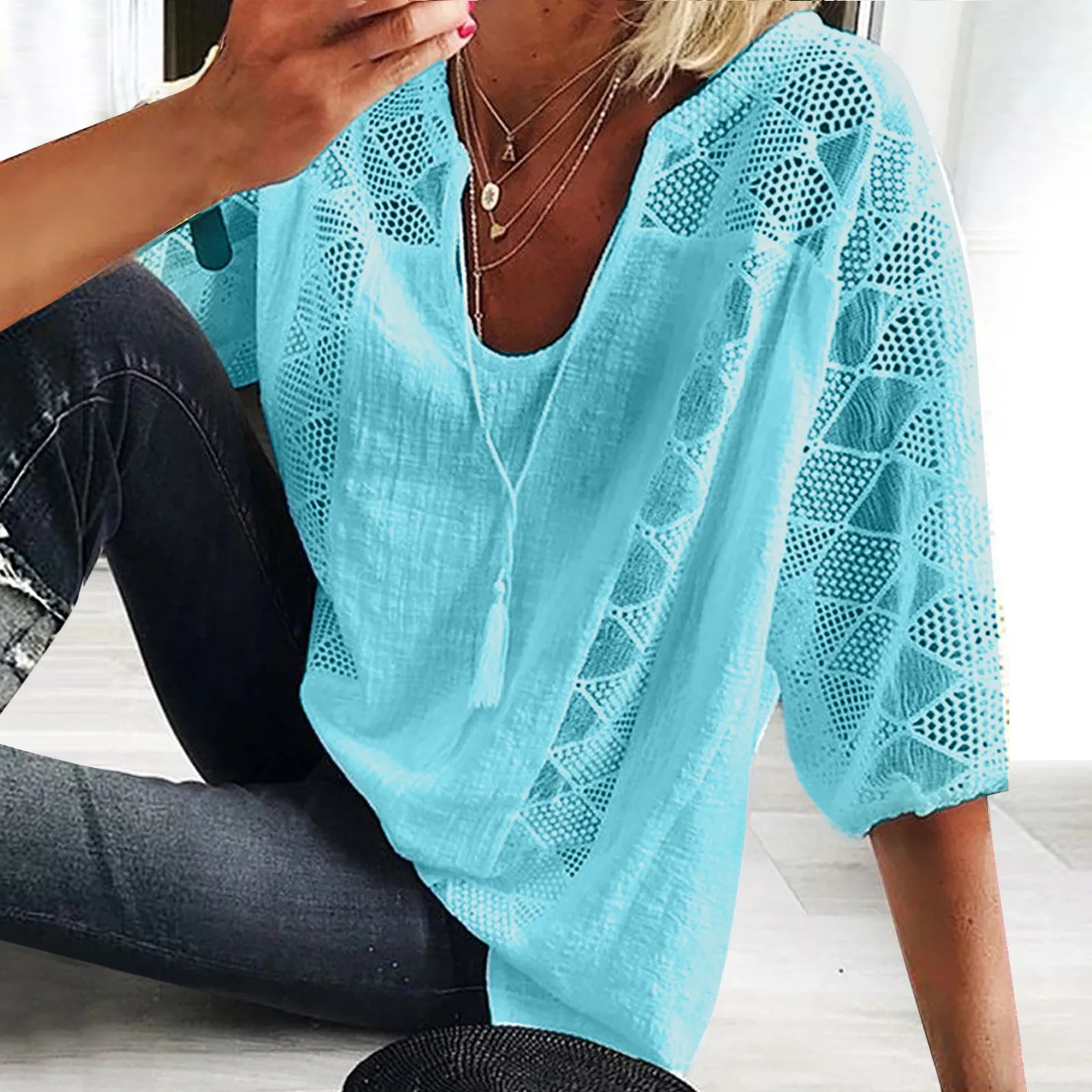 Women's Cotton Linen Tunic Tops V Neck 3/4 Sleeve Fashion Casual Loose Lace Plus Size Blouse Ladies Fashion Daily Clothing 2024