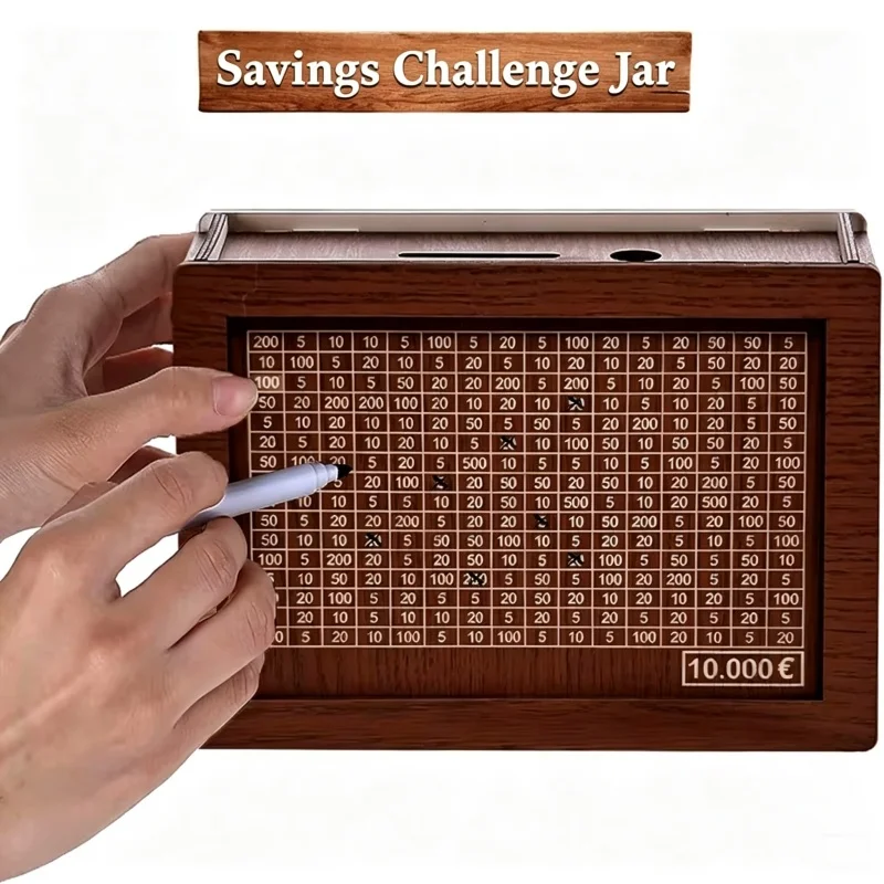 Wooden Savings Challenge Box Money Saving Jar Piggy Bank with Number Grid Budget Tracker Gift