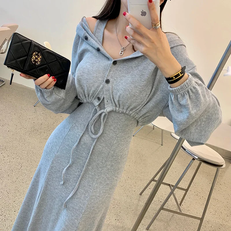 

Loose Women's Hoodie Dress Set with Waist Drawstring Short Style Button up Matching Skirt Casual Comfortable Cotton Blend