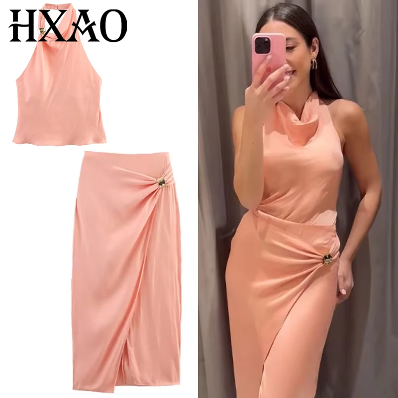 Hxao conjunto de saia de cetim elegante conjuntos femininos sem costas halter topo mulher 2 peça conjunto roupa moda midi cintura alta envoltório saia ternos