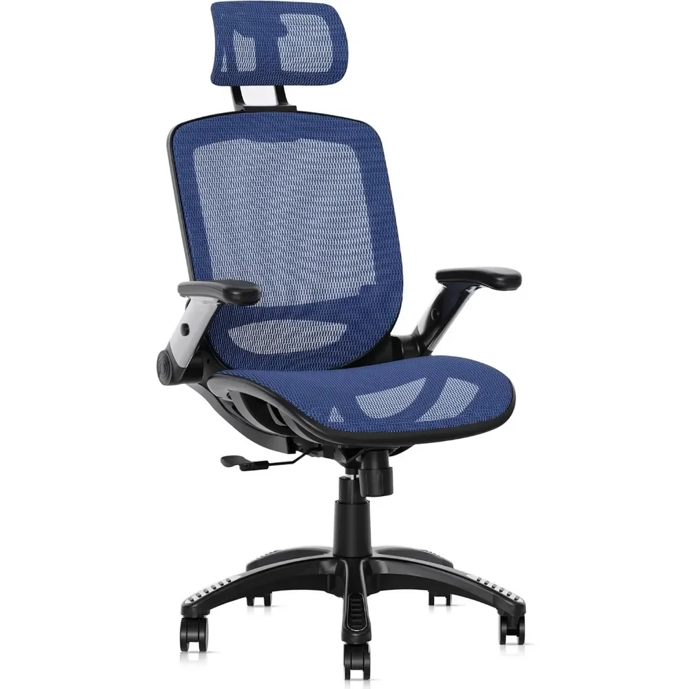 

High Back Mesh Desk Chair with Adjustable Headrest, Flip-Up Arms, 90-120° Tilt Lock, Lumbar Swivel Computer Task Chair, Blue