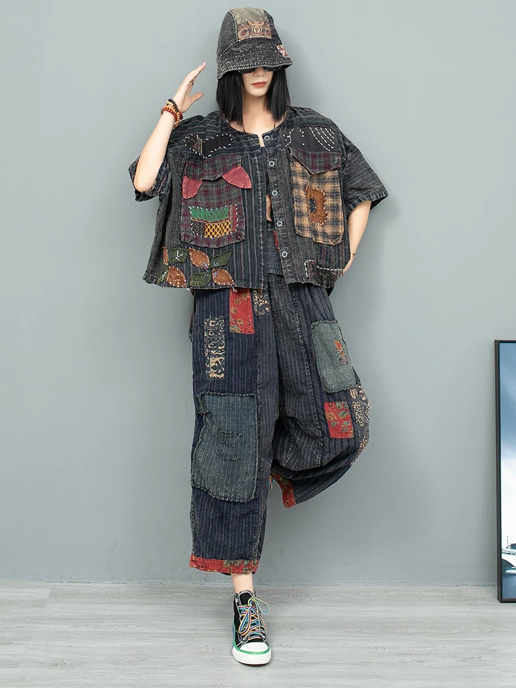 Hand Embroidered Old Fabric Patchwork Cardigan Short Sleeved Jacket Women 2024 Early Autumn LX1848