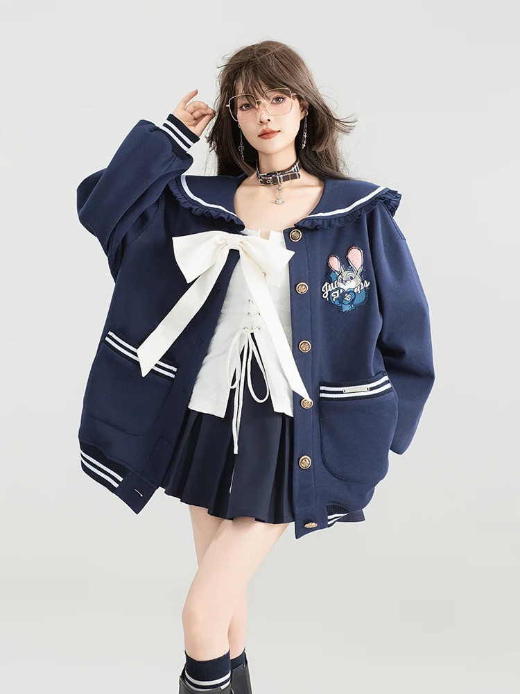 Removable Bow Sweet Single-breasted Navy Collar Jacket Women 2025 Autumn College Style Loose Sweatshirts Top